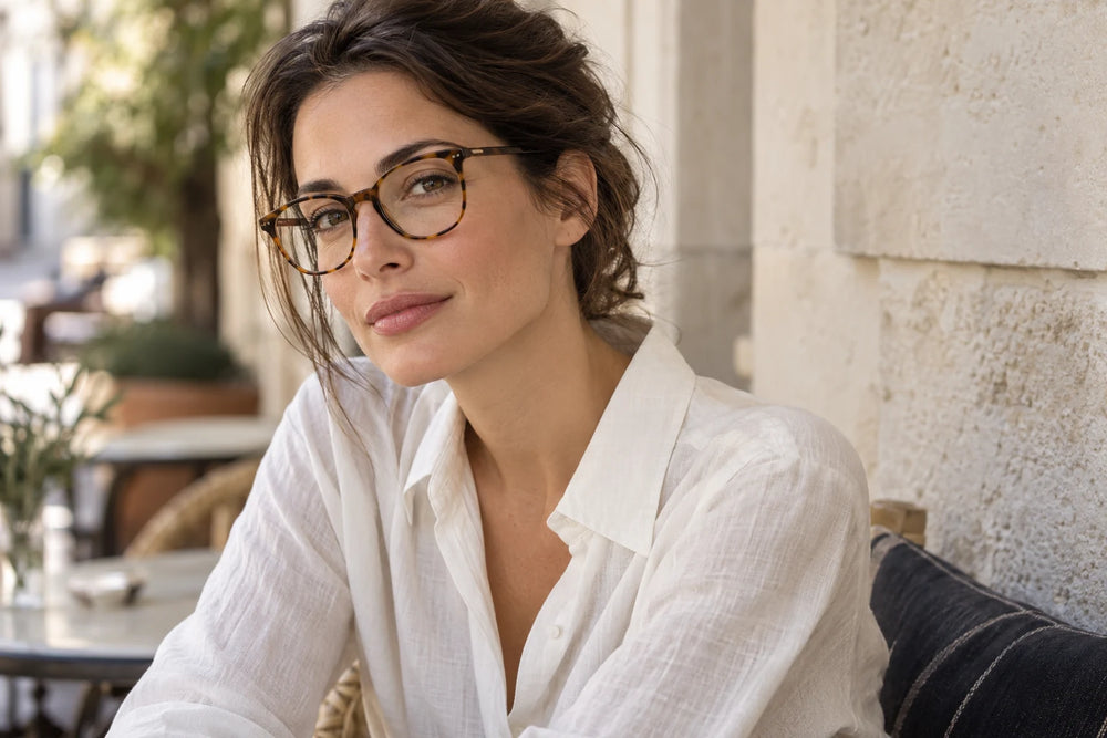 Woman wearing tortoiseshell eyewear in an AVENOR editorial