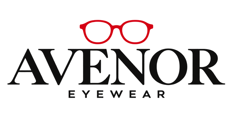 AVENOR EYEWEAR logo with red glasses and black lettering