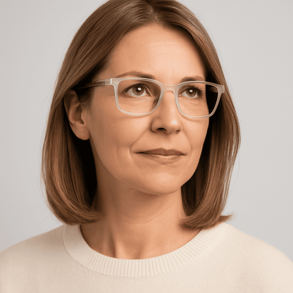 Weiße VisionSync-Fassung im Alltag getragen